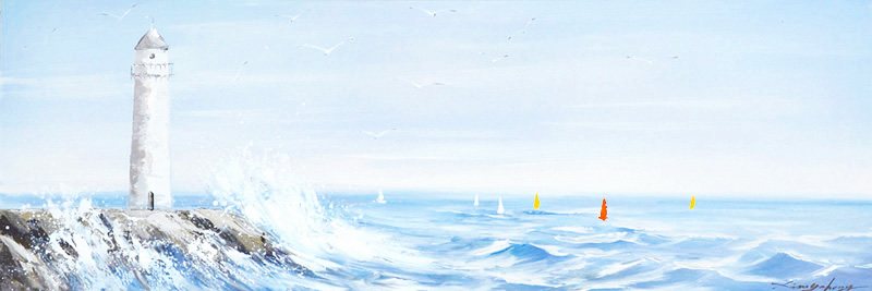 PXFC330 Wall décor art oil on canvas seascape lighthouse and waves blue white tones